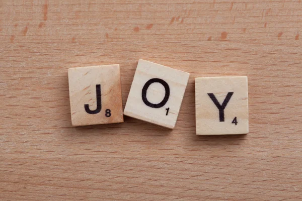Scrabble letters spelling the word Joy.