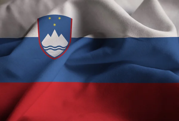 Closeup of Ruffled Slovenia Flag, Slovenia Flag Blowing in Wind