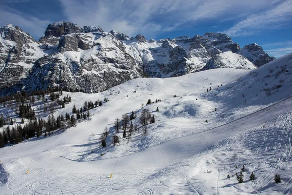 Snowy ski slopes in mountains