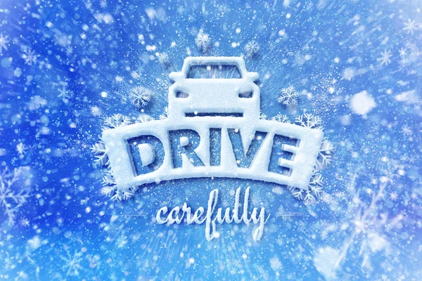Drive carefully with car symbol, snow automotive graphic background,