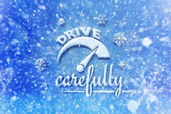 Drive carefully with car symbol, snow automotive graphic background