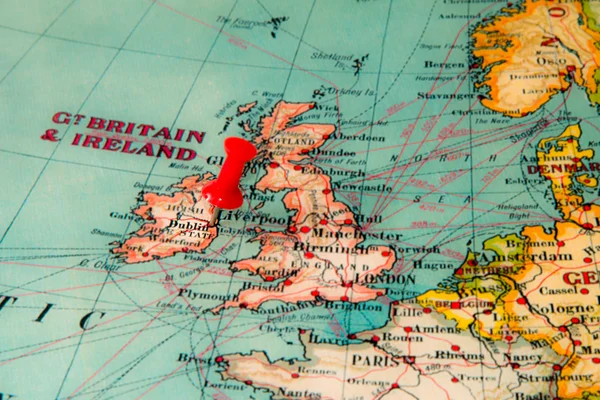 Dublin, Ireland pinned on vintage map of Europe