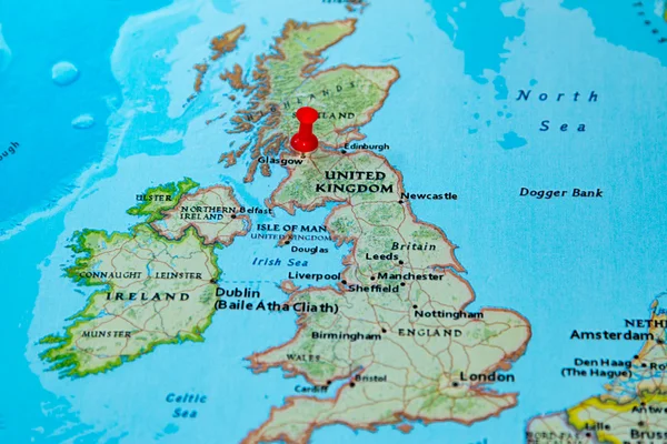 Glasgow, Scotland pinned on a map of Europe