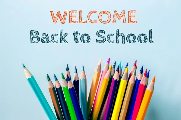 Text Welcome back to school with color pencil on light blue background / education concept