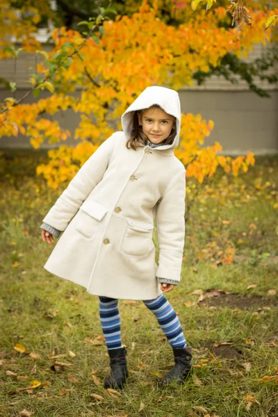 Brunette girl in a light coat with a hood in yellow autumn leave