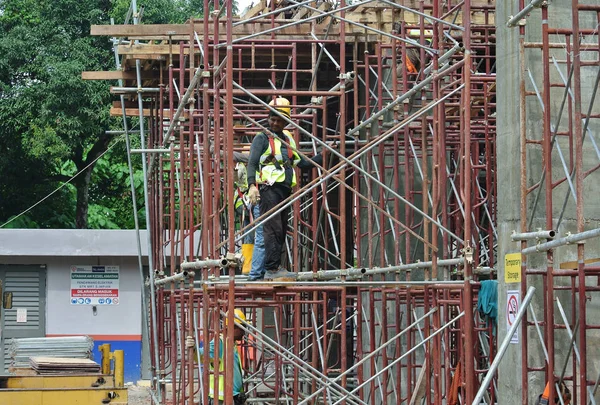 Construction workers wearing safety harness and installing scaffolding