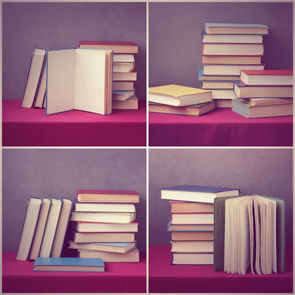 Stack of books on the table. Vintage filter.