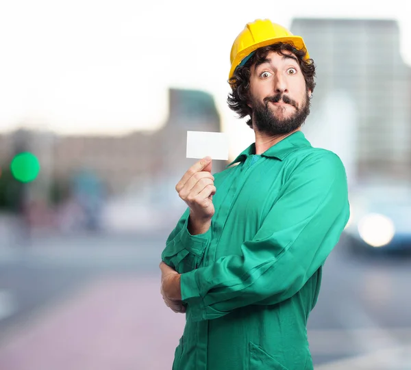 Happy worker man with visit card