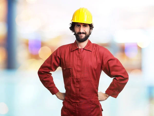 Angry worker man in challenge pose