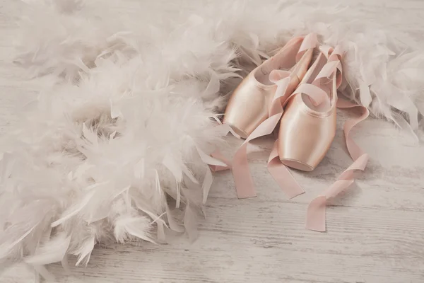 Pink ballet pointe shoes and feather on white wood background