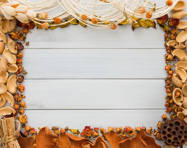 Fall decoration handmade frame on white wood background copy space