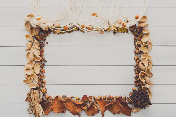 Fall decoration handmade frame on white wood background copy space
