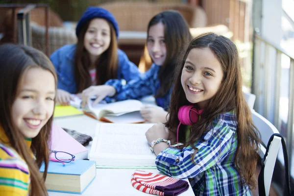 Happy girls studying together