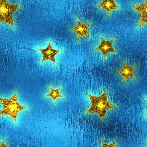 Seamless and Tileable Gold Stars Blue Foil Sparkling Holiday Background.