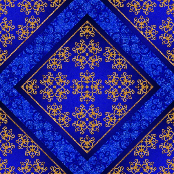 Pattern, seamless. Golden crystals, weaving, arabesques. Gold arabesque, oriental style, abstract figure, tiles, mosaics. Sparkling decorative square frame. Dark blue background mural.