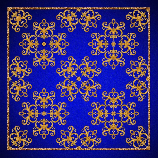 Gold arabesque, oriental style, abstract figure, tiles, mosaics. Sparkling decorative square frame. Dark blue velvet textured background.