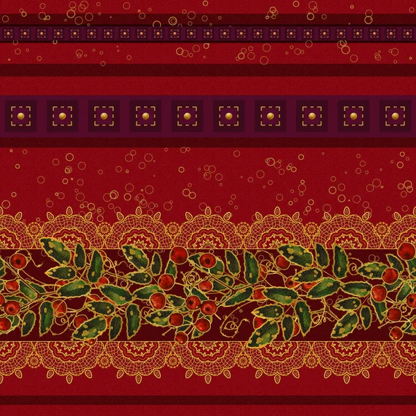 Horizontal floral border. Pattern, seamless. Flower composition, garland of red berries, green leaves and golden decorations , gold braiding, lace, dark brown velvet background with stripes.