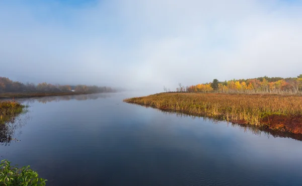 Morning mist rises off warm water into cool air on Corry lake, Ontario, Canada.