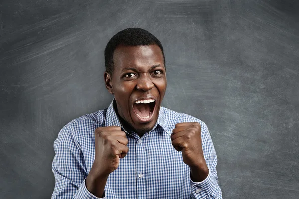 Isolated portrait of young angry African man in blue shirt clenching his fists, screaming with anger or rage, opening mouth widely. Stressed and desperate businessman yelling with furious expression