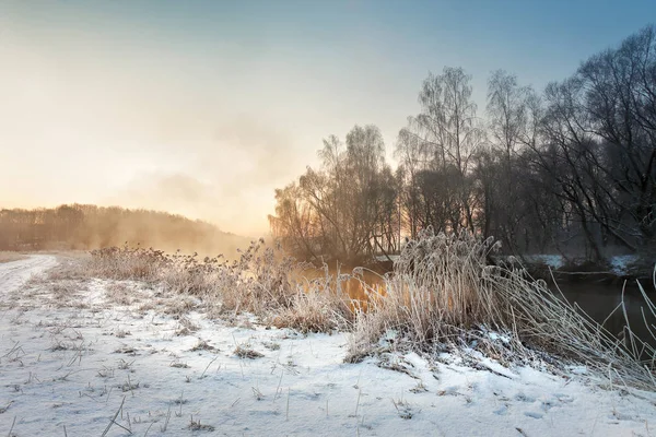 Winter misty morning on the river. Rural foggy and frosty scene.