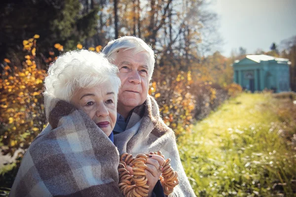 Beautiful happy old people sitting in the autumn park