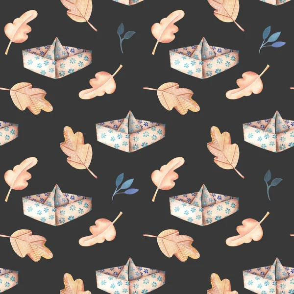 Seamless pattern with paper boats and autumn oak leaves