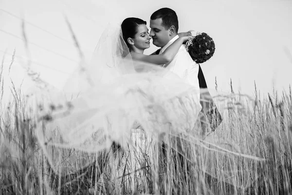 A picture of newlyweds standing behind a flying veil