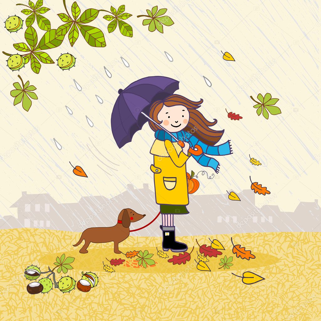 Девочка гуляет с собакой под дождем