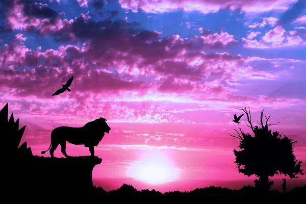 Jungle with mountains, old tree, birds lion and meerkat on purple cloudy sunset background