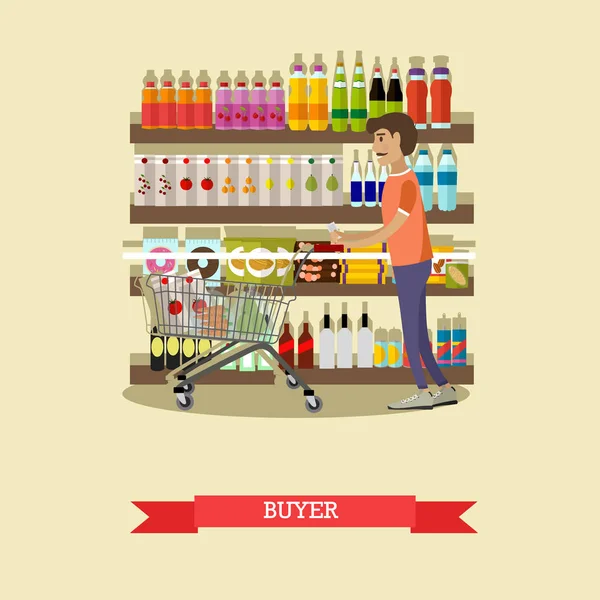 Male customer buying food in grocery store. Vector concept poster