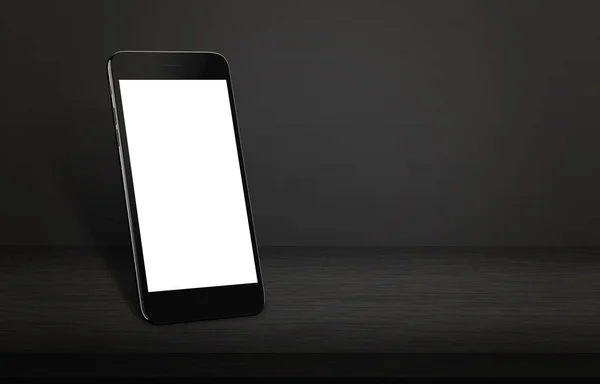 Black smartphone with isolated screen for mockup on black table. Side, isometric position with free space for text. Black background.