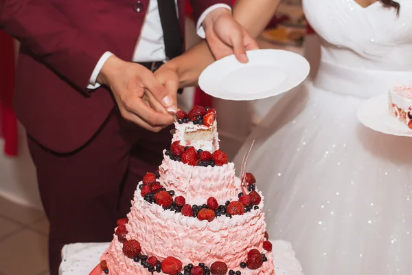 The couple at the wedding cut beautiful cake