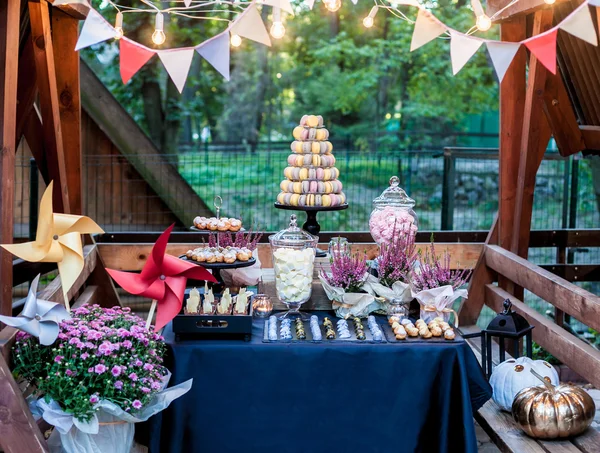 Candy bar with delicious sweets, chocolate candies, macaron tower and other treats in autumn park. Autumn decoration. Natural light