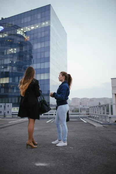 Two stylish women standing near a big building, back view