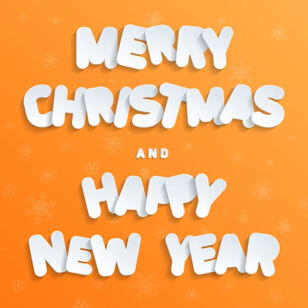 Merry Christmas and Happy New Year! Flat vector design font. White stickers letters imitating cardboard and paper surfaces with thin round-up angles. Suitable for postcards, posters and web.