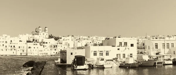 Graphic Naoussa\'s port at Paros island in Greece in old retro colors. A famous touristic destination.