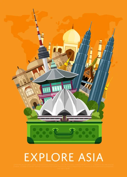 Explore Asia banner with famous attractions.