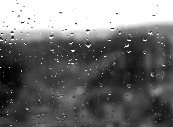 Raindrops on window in black and white.