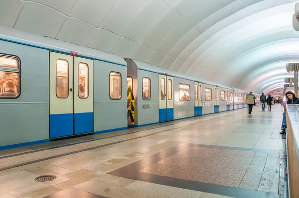 Train with the doors closed at the metro station Timiryazevskaya in Moscow