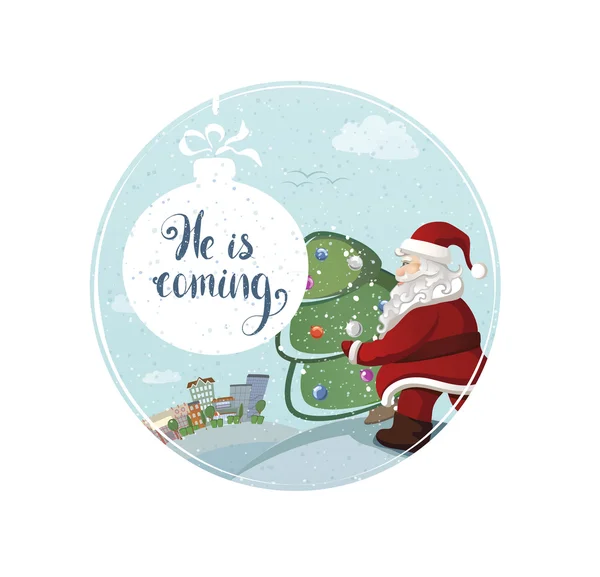 Cartoon Santa Claus is carrying the christmas fir tree with holiday text. holiday greeting card