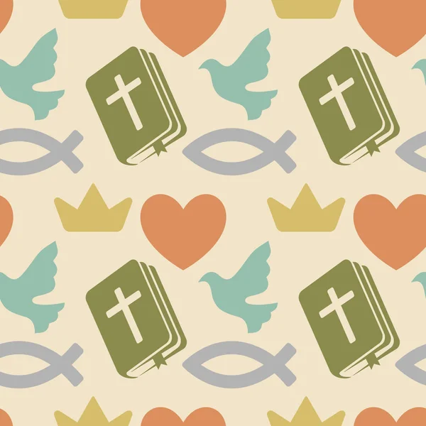 Colorful seamless pattern with Christian symbols. Bible, church and religious elements.