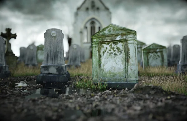 Scary old cemetery.  church on grave. Halloween concept. 3d rendering