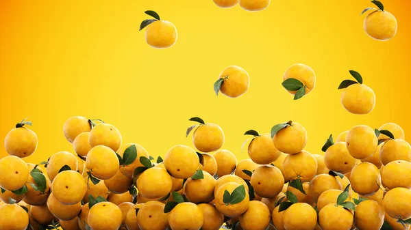 Fresh oranges falling with water drops. Food concept. 3d rendering