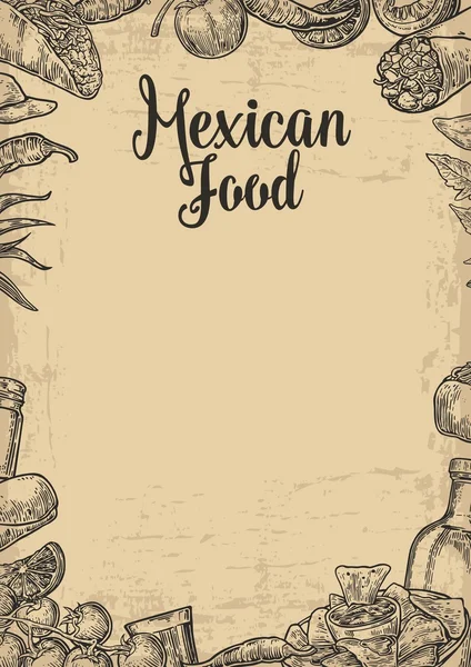 Mexican traditional food restaurant menu template with traditional spicy dish. burrito, tacos, chili, tomato, nachos, tequila, lime. Vector vintage engraved illustration on beige old paper texture bac