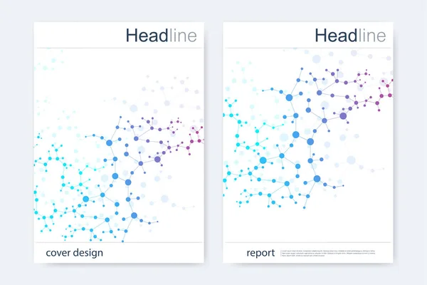 Scientific brochure design template. Vector flyer layout, Molecular structure with connected lines and dots. Scientific pattern atom DNA with elements for magazine, leaflet, cover, poster design.