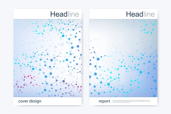 Scientific brochure design template. Vector flyer layout, Molecular structure with connected lines and dots. Scientific pattern atom DNA with elements for magazine, leaflet, cover, poster design.