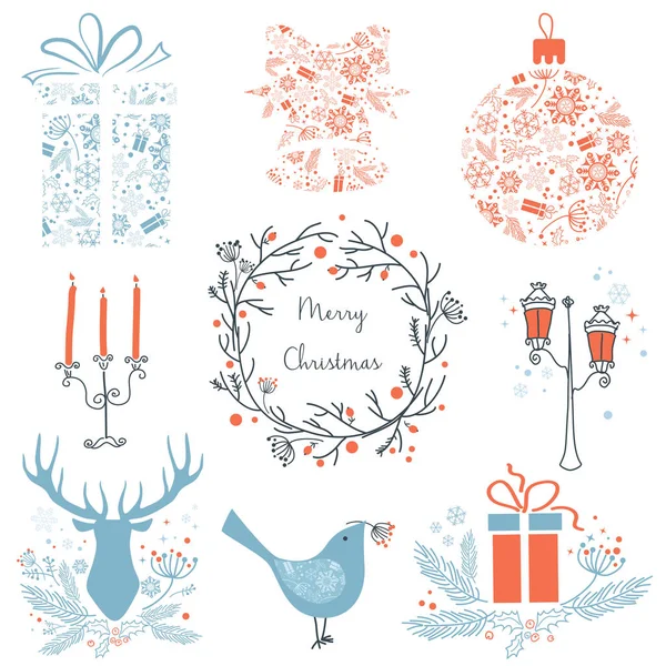 Set of Christmas and New Year graphic elements icons for your design. Christmas icons, signs, symbols. Deer, bird, burning candle, balls, gift boxes. 2017.