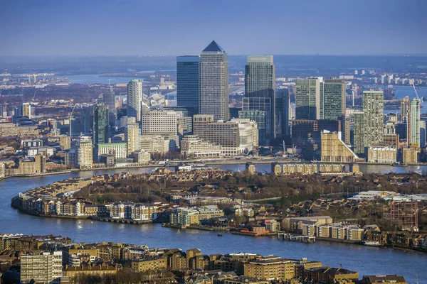 London, England - Aerial view of River Thames and the skyscrapers of Canary Wharf, the leading business district of the world