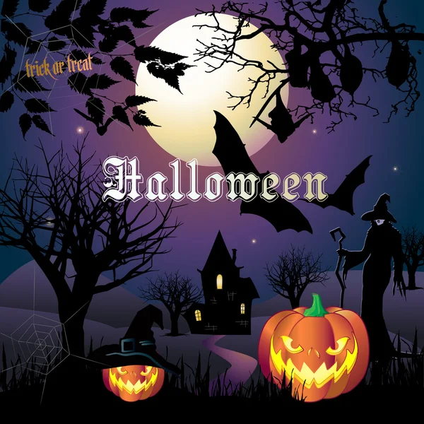 Halloween. Halloween illustration with Halloween pumpkin, bat, magic hat, trees, spiders web, hunting House, full moon, witch woman for Halloween Holiday. Halloween Party background, thanksgiving, kids, trick or treat. Happy Halloween. Drawing poster