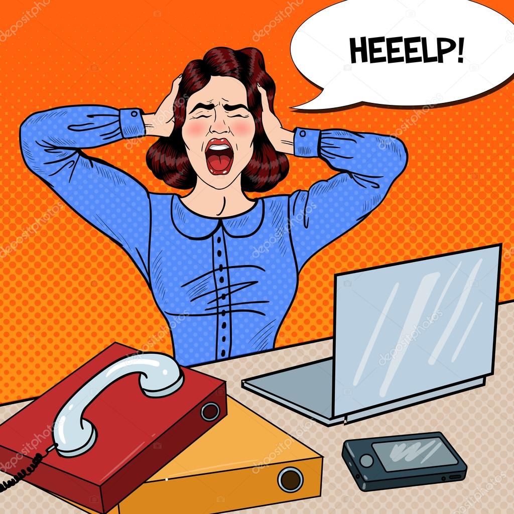 Pop Art Angry Frustrated Woman Screaming At Office Work